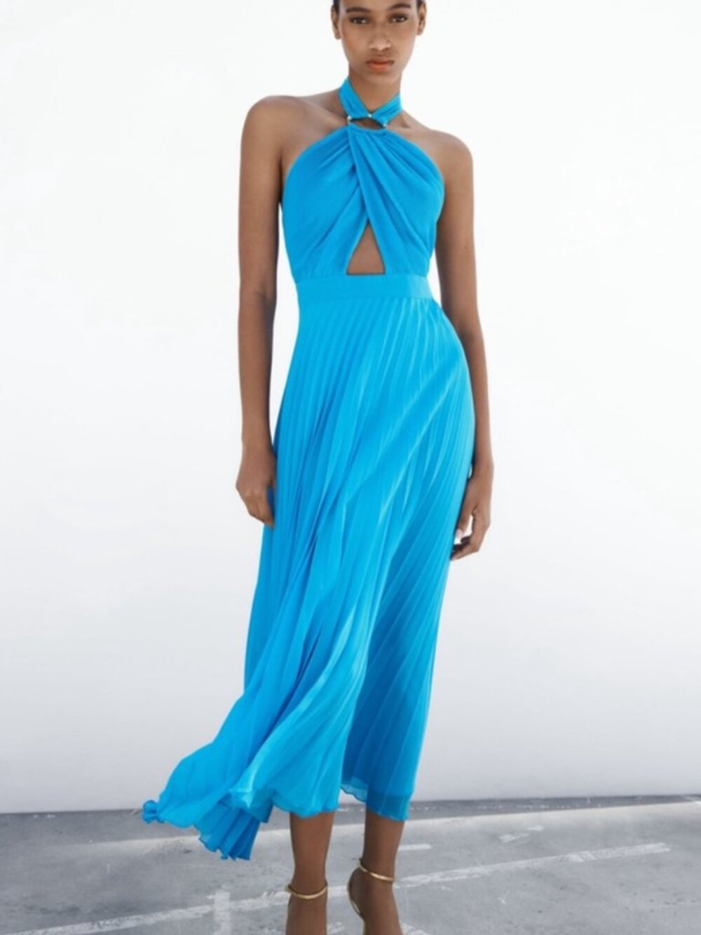 Zara Pleated Halter Maxi Dress Blue Size S